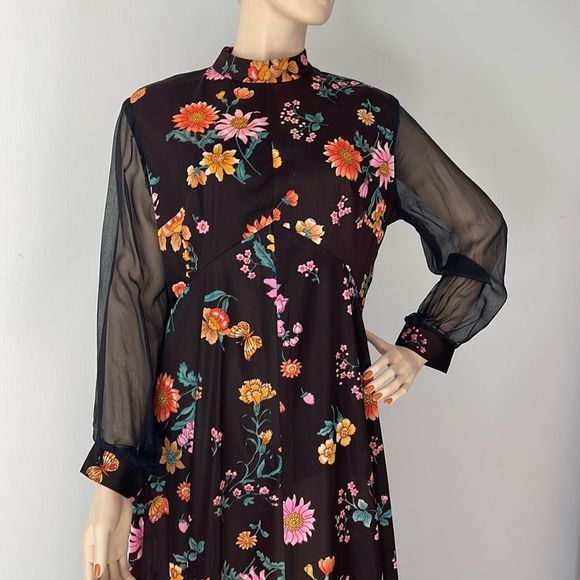 Vintage 70s Floral and Black Long Sleeve Sheer Maxi Dress - Picture 10 of 16